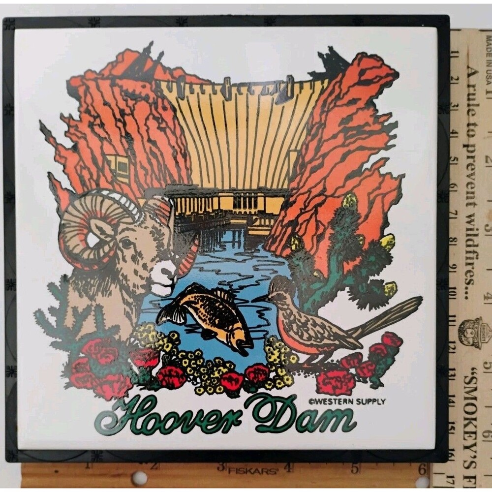 Vintage Western Supply 6" Hoover Dam Ceramic Tile Trivet Art Plaque Boxed